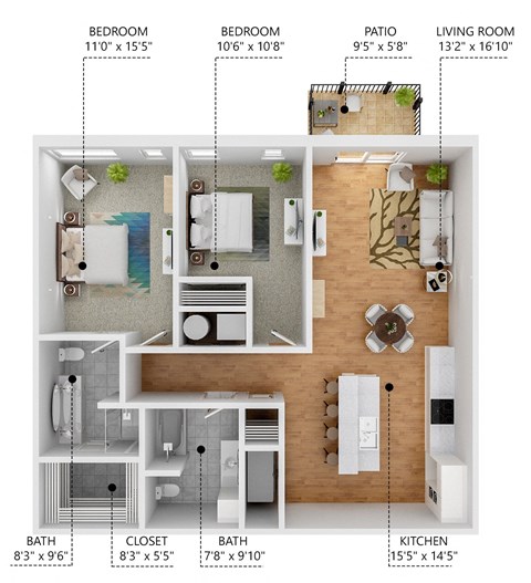 Floor plan for 2 beds, 2 baths, 1110 sqft